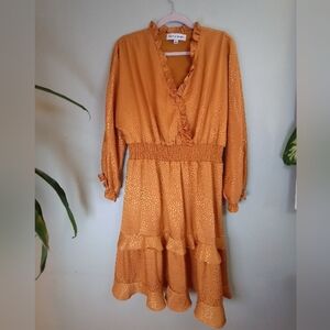 Emma and Michelle Silky Copper Animal Print Ruffle V Neck Long Sleeve Boho Dress